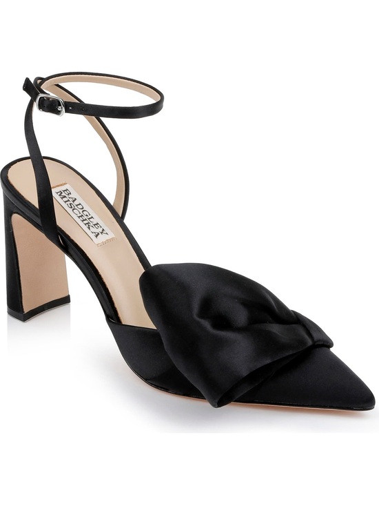 Badgley Mischka Shoes - Badgley Mischka Black Satin Knot Pointed Ankle-Strap Block Heel